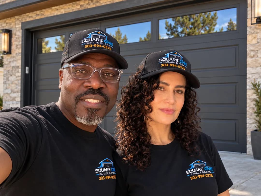 Garry and Damaris in matching Square One Garage Doors shirts and caps, in front of an installed dark garage door.